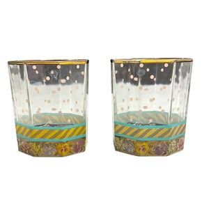 Mackenzie Childs Garland Pink Dots‎ Double Old Fashioned Glass Tumbler 1991